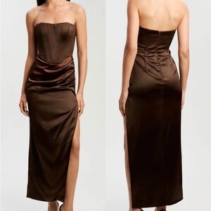 BARDOT | Everlasting Satin Midi Dress In Chocolate